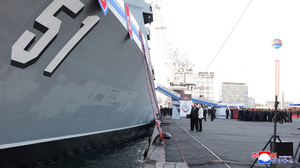 North Korean leader Kim Jong Un, accompanied by his daughter Kim Ju Ae, attends a ceremony for the launch of a "new multipurpose destroyer," in Nampo, North Korea, in this handout picture released on April 26, 2025, by the Korean Central News Agency - KCNA/Reuters