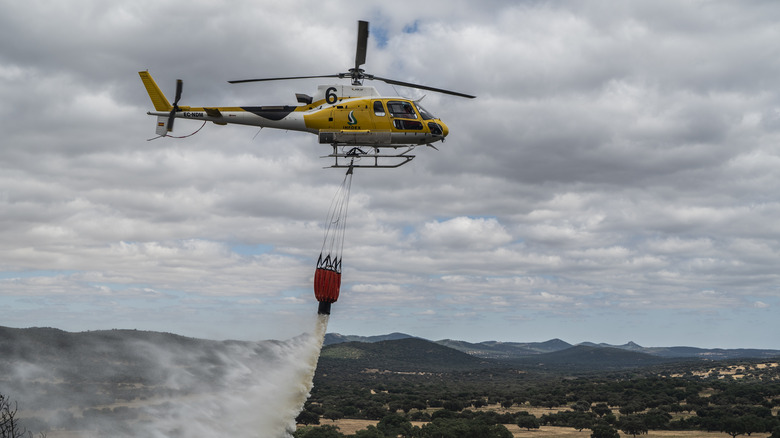 An INFOEX helicopter drops water on the wildfire near Aliseda on July 11, 2025 in Cáceres, Spain. The fire that broke out in the Sierra de San Pedro mountain has affected areas of pastureland and scrubland near Aliseda