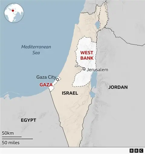 A map of Israel, the West Bank, Gaza and surrounding countries