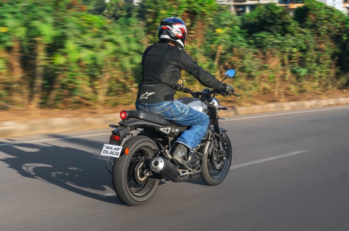 Yamaha XSR155 rear right side tracking shot on road