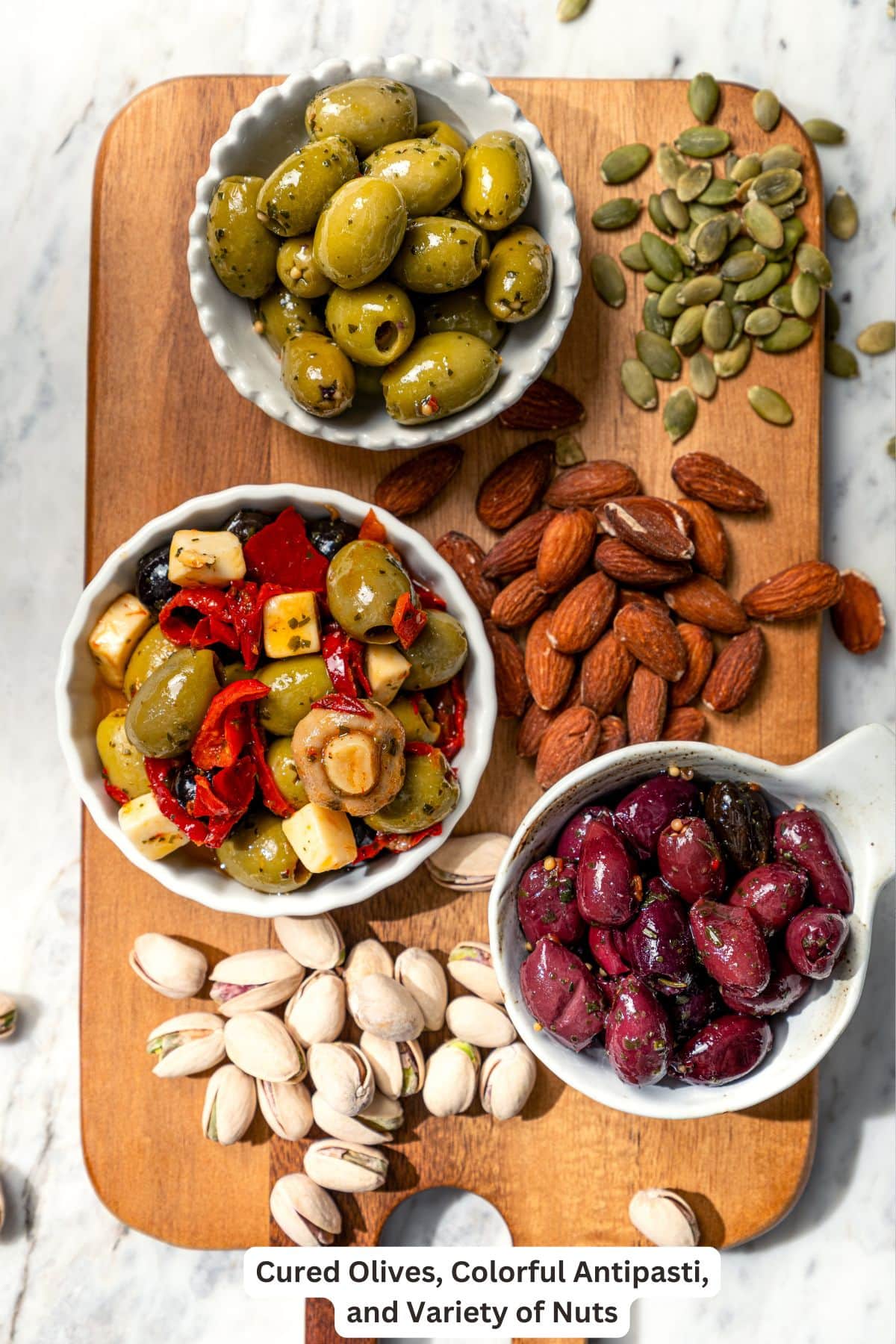 Olives and nuts for charcuterie board.