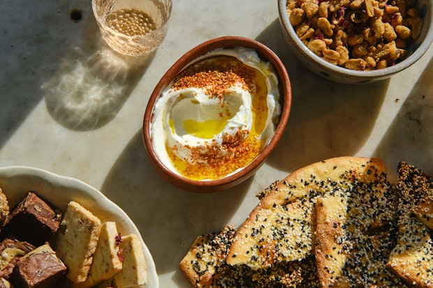 Smoked labneh and other mezze on a marble table